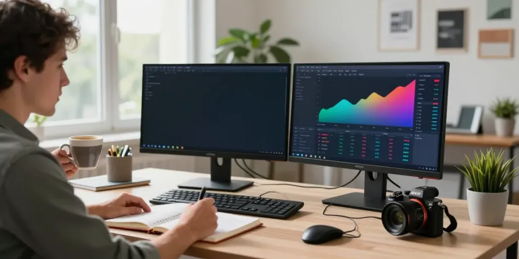 Norden Core trading platform user in a modern office with stock charts and trading tools.