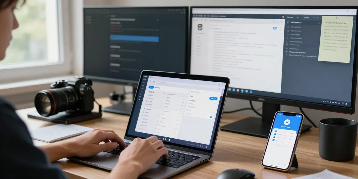 Configure Telegram Chinese language settings in a modern tech workspace with laptop and mobile.