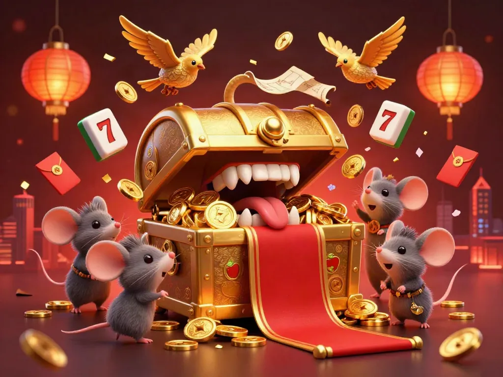 Adventurer mice enchanted by a golden treasure chest in a vibrant situs slot illustration.