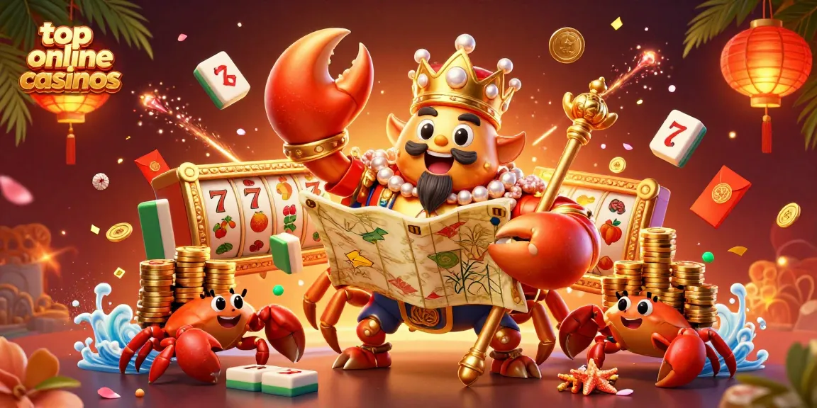 Explore an ultra-detailed scene depicting top online casinos with a royal crab emperor and dynamic gaming elements.