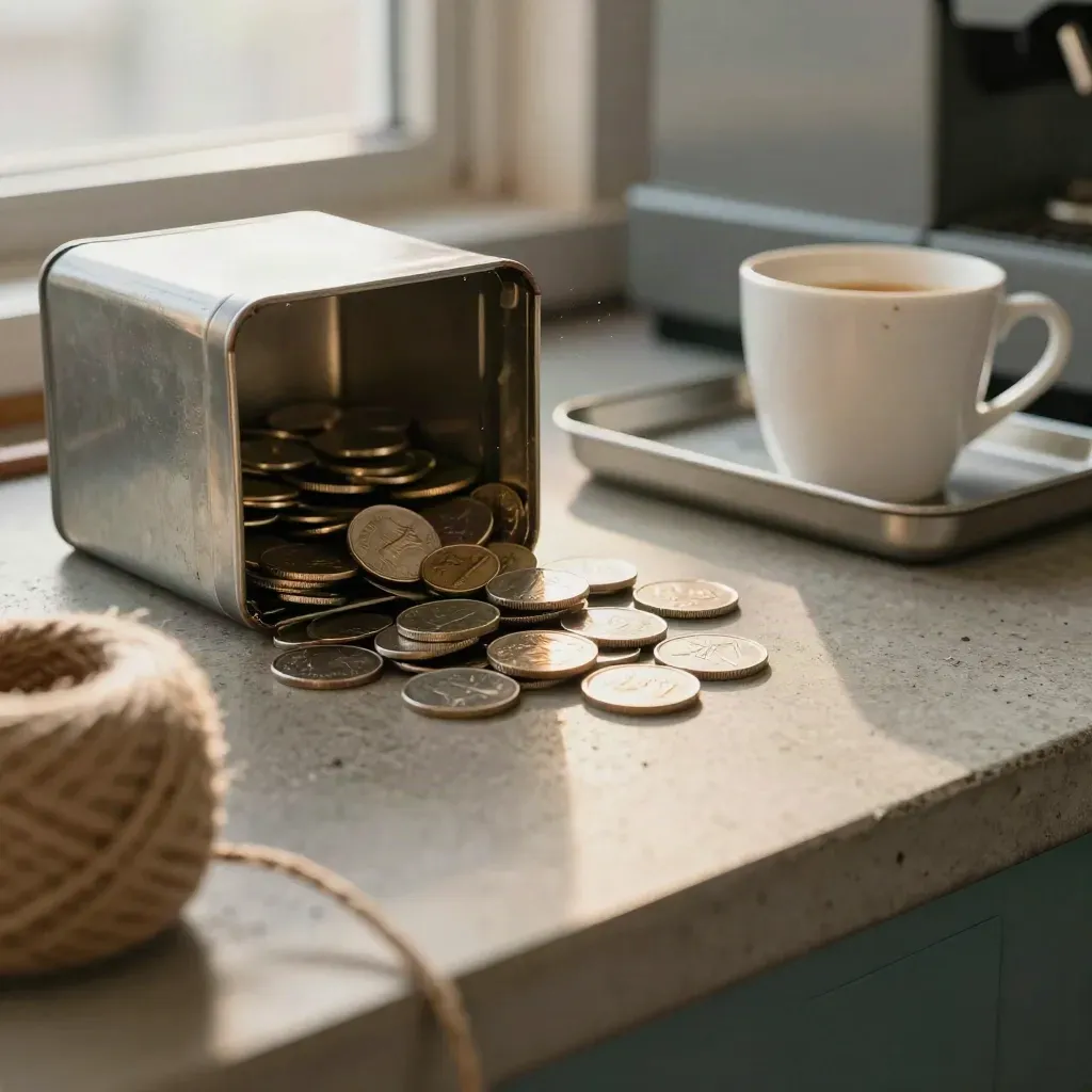 Open cash tin, coin tray, espresso cup, and twine on a concrete counter in evening light.