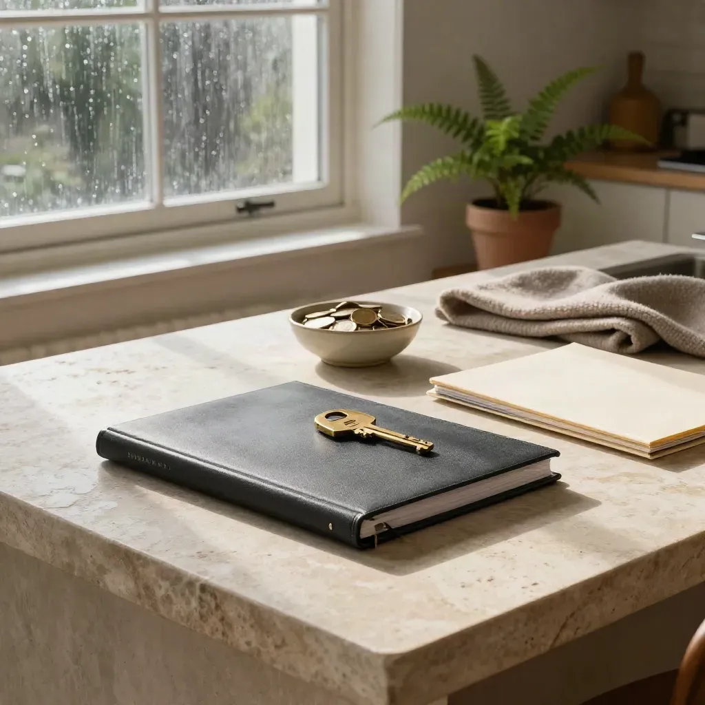 Finance objects on a rainy kitchen island in moody morning light.