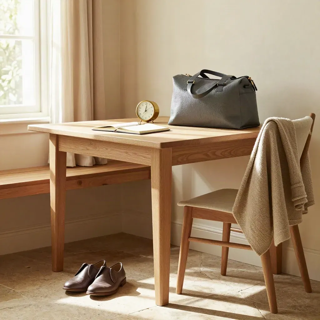 Retirement-ready dining nook with shoes, tote, cardigan, notebook, and brass clock in warm morning light