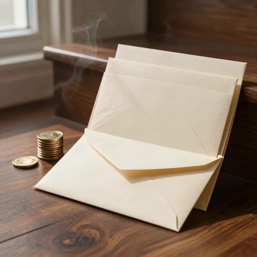 Side view of envelopes and coin stack on a walnut surface with warm steam