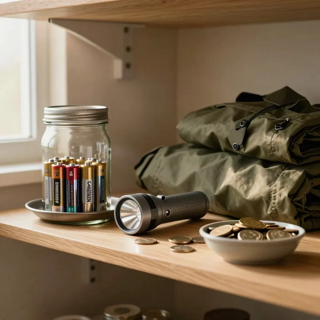 Pantry shelf with cash buffer jar, batteries, flashlight, rain jacket, and coins in moody morning light