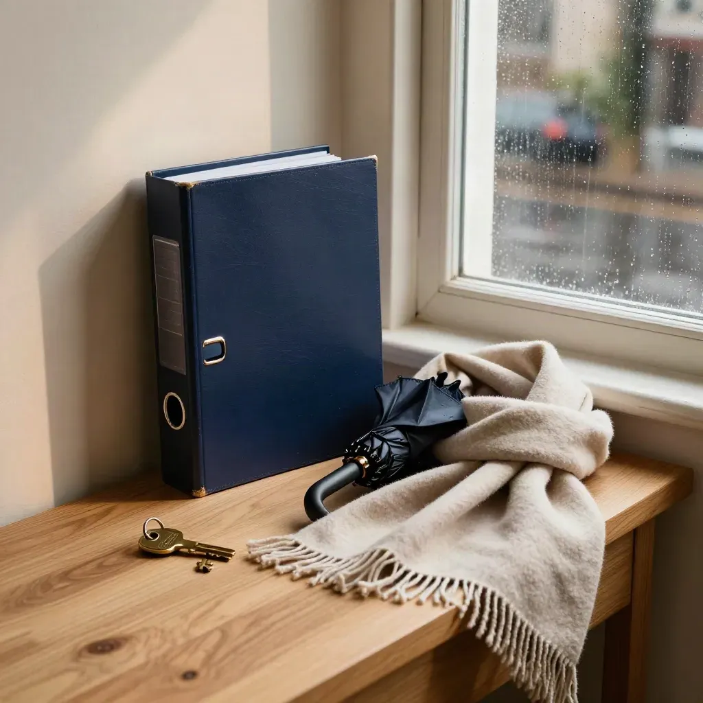 Rainy entryway still life with insurance binder, umbrella, key and scarf on a hall table.