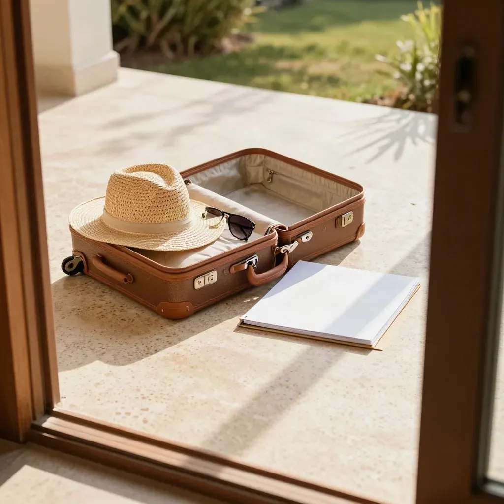 Open suitcase with sunhat, sunglasses, and a closed planning folder on a veranda table in warm afternoon light.