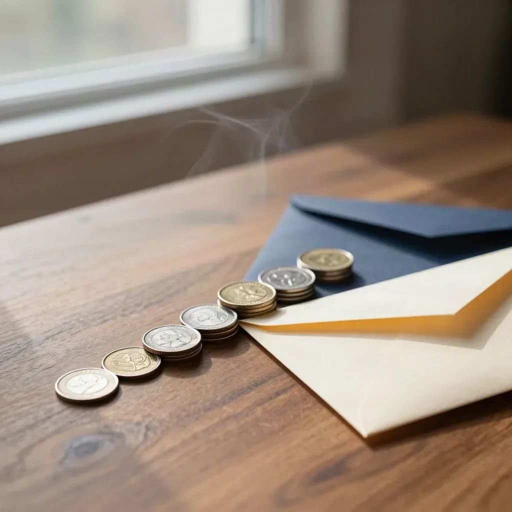 Canadian coins and two cream envelopes on walnut, with steam drifting and a tip-starting coin line.