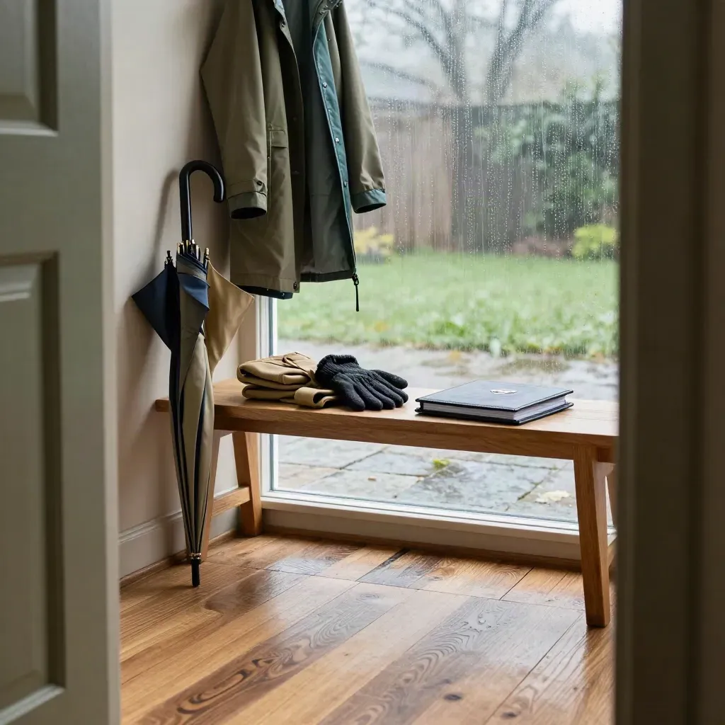 Mudroom bench with umbrella, gloves, closed binder and raincoat by a rainy doorway.