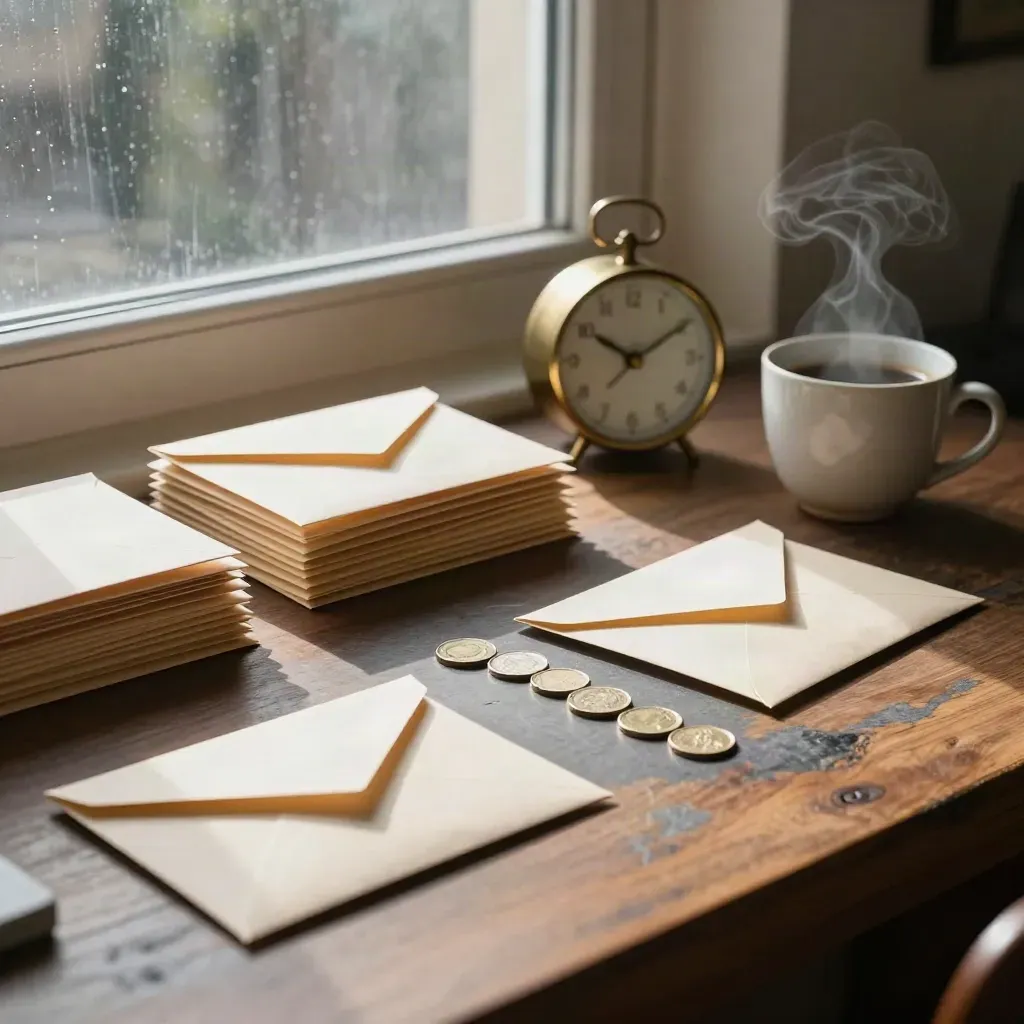 Window desk with envelope stacks, brass clock, coffee cup and coins in warm side light.