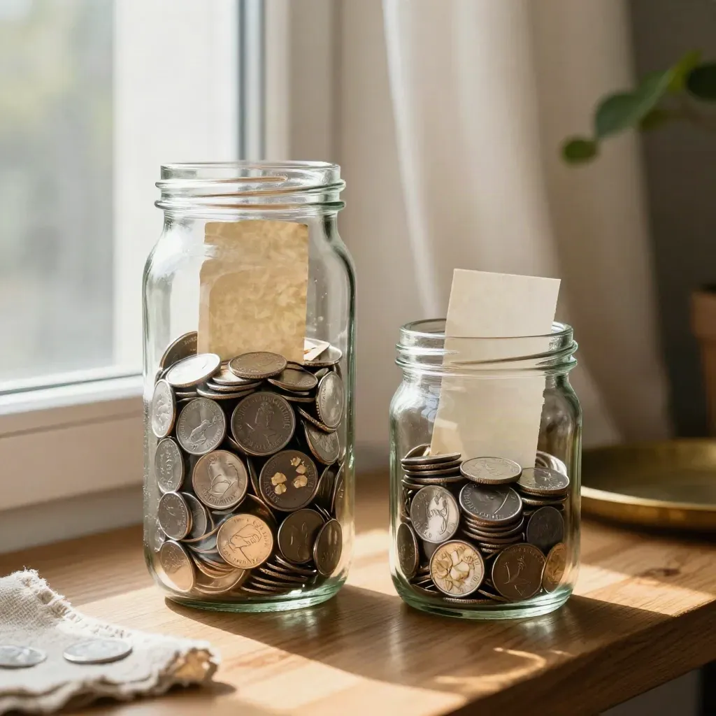Two glass coin jars on a sunlit windowsill, one tall and one short, in a cozy finance still life.