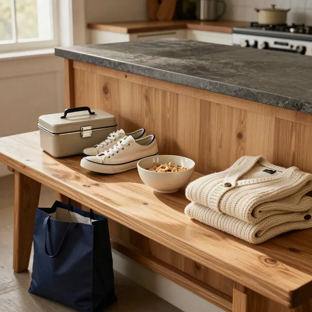 Kitchen bench after the morning rush with sneakers, lunchbox, cardigan and grocery bag in soft dawn light.