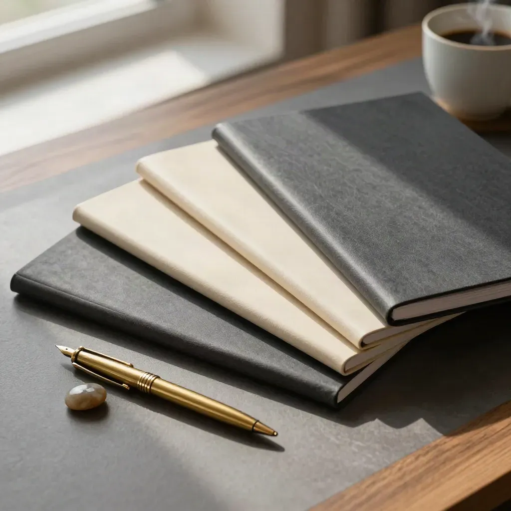 Closed finance folders, brass pen, stone and coffee cup on a modern tabletop