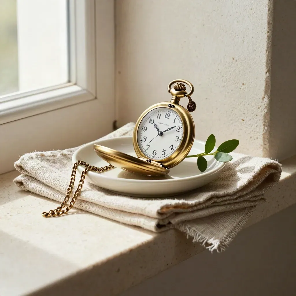 Brass pocket watch on a ceramic dish with linen and greenery on pale stone.