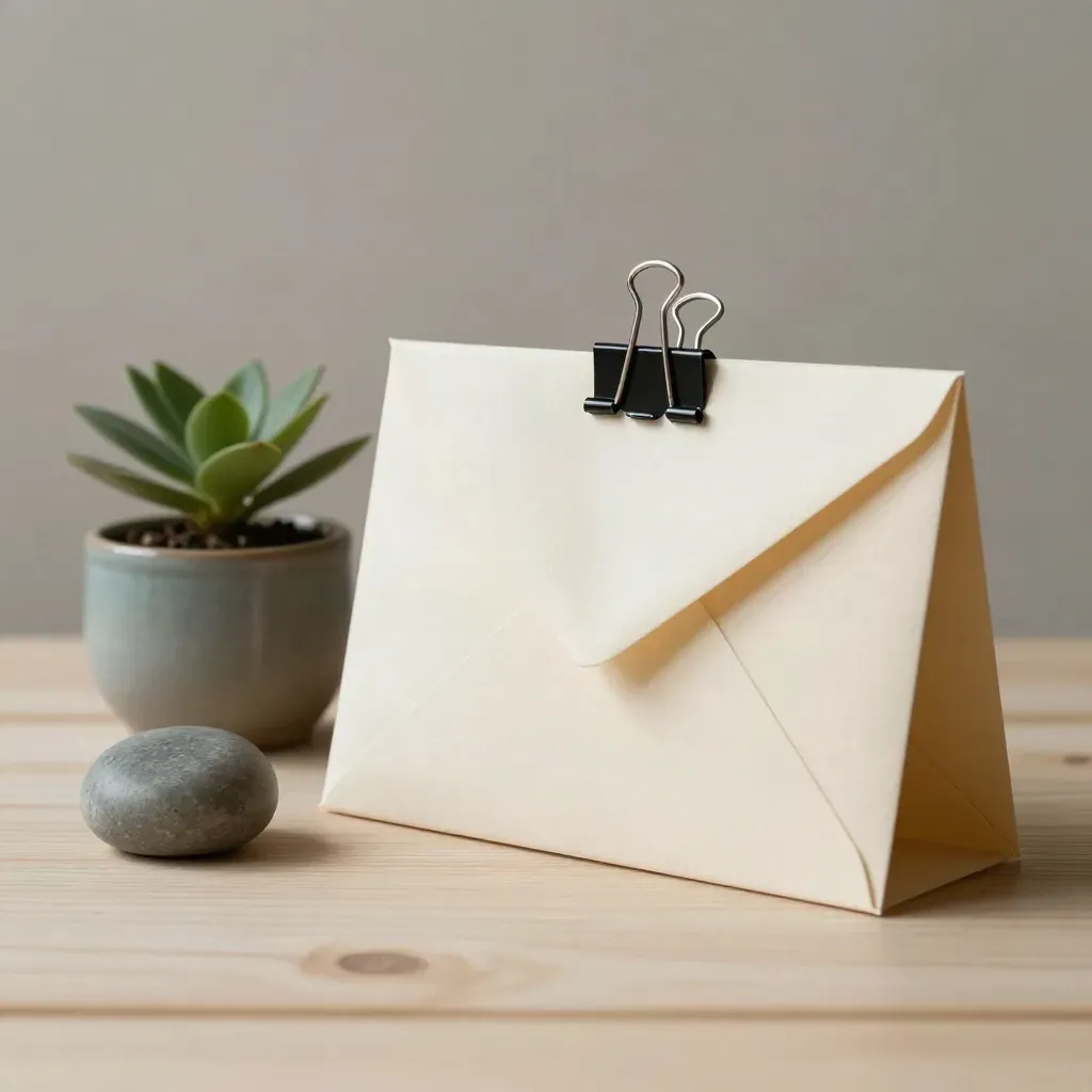 Clipped envelopes beside a teal plant and stone paperweight on pale wood, tense and minimal.
