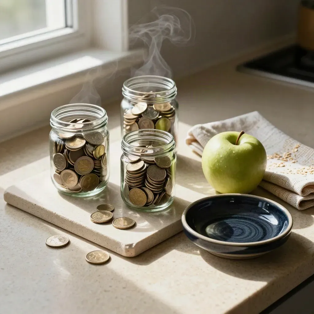 Top-down still life of coin jars, apple, napkin and dish for family budgeting.