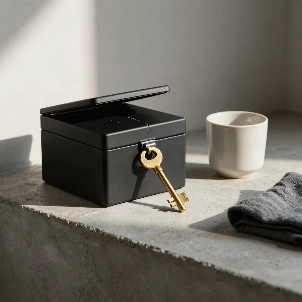 Matte black cash box with brass key, ceramic cup and folded cloth on a concrete shelf