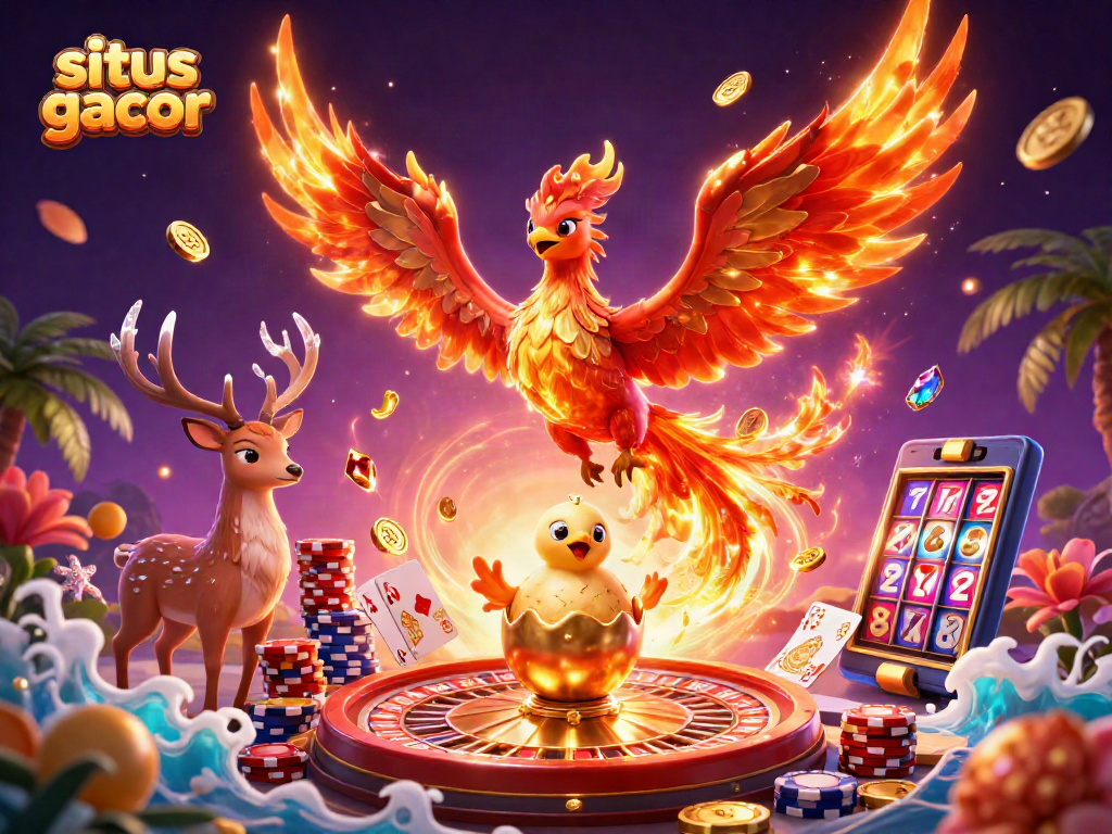Engage in thrilling slots action with situs gacor, featuring a majestic phoenix and vibrant gaming elements.