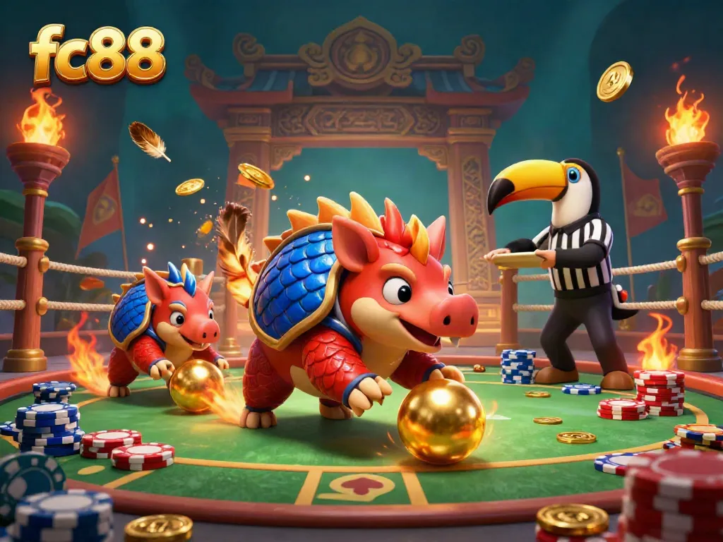 Engage in exciting gameplay at fc88 as colorful pangolins roll into golden balls amidst poker chips, creating a dynamic casino scene.