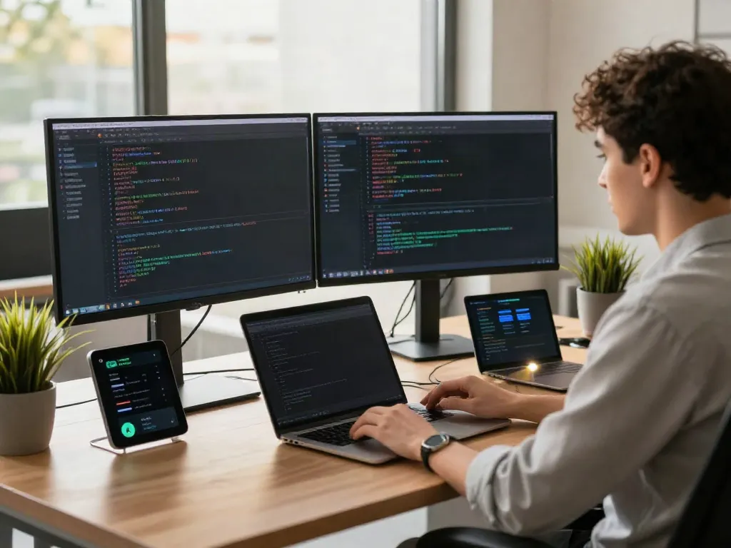 Developer at workspace showcasing GBWhatsApp APK features and interface setup