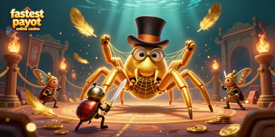 Experience the vibrant world of the fastest payout online casino as a golden tarantula weaves a web among casino pillars.