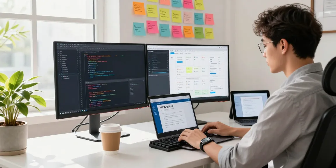 Programmer working at a bright workspace showcasing WPS Official Website tools for software development.