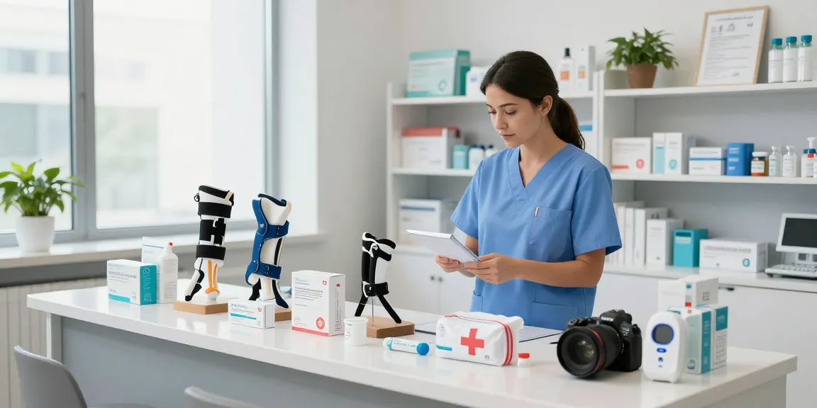 Health medical products displayed in a modern medical office setting with a healthcare professional.