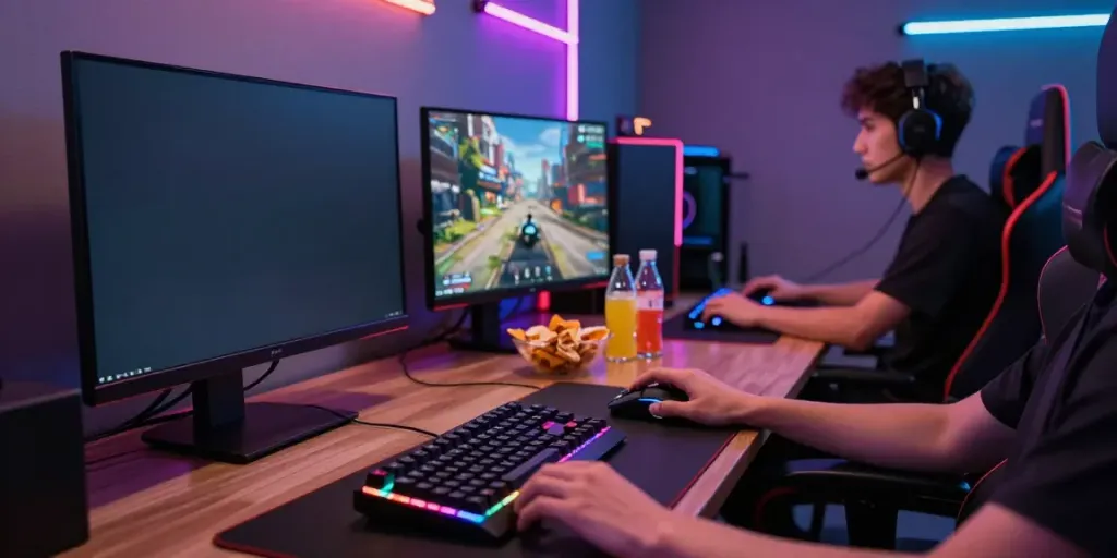 Situs rokok88 featuring a modern gaming setup with ergonomic chair, RGB lighting, and high-performance peripherals.